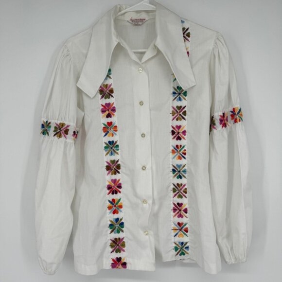 70s Boho Embroidered Puff Sleeve Peasant Blouse Vintage Button Up Dog Ear top - Picture 2 of 9